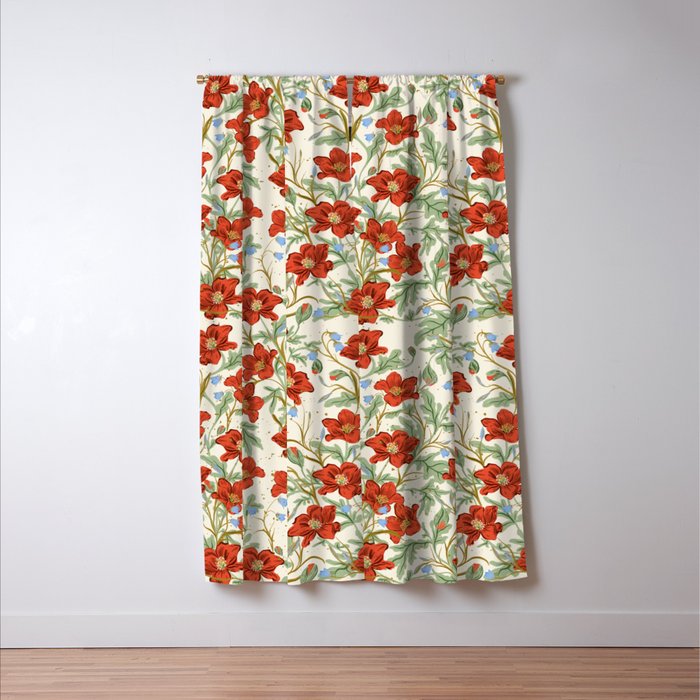 Elegant Red Poppy Floral Vintage Pattern Window Curtain Gallery Image 3