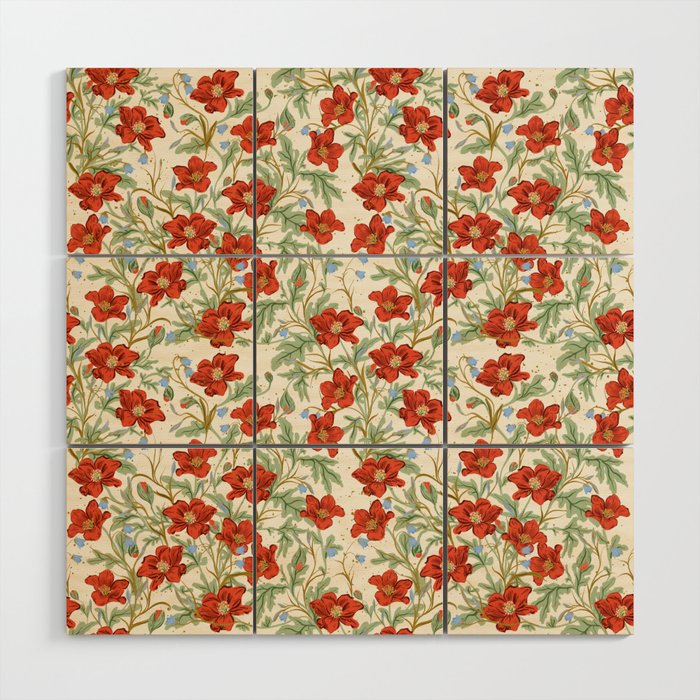 Elegant Red Poppy Floral Vintage Pattern Wood Wall Art Gallery Image 1