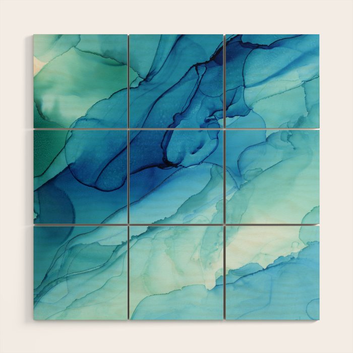Emerald Sea Waves - Abstract Ombre Flowing Ink Wood Wall Art Gallery Image 1