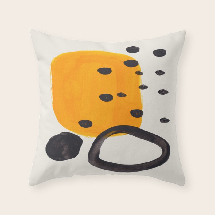 Unique Abstract Unique Mid century Modern Yellow Mustard Black Ring Dots Throw Pillow Gallery Image 6