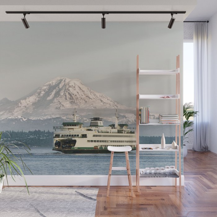 Seattle Bainbridge Island Ferry with Mount Rainier Wall Mural