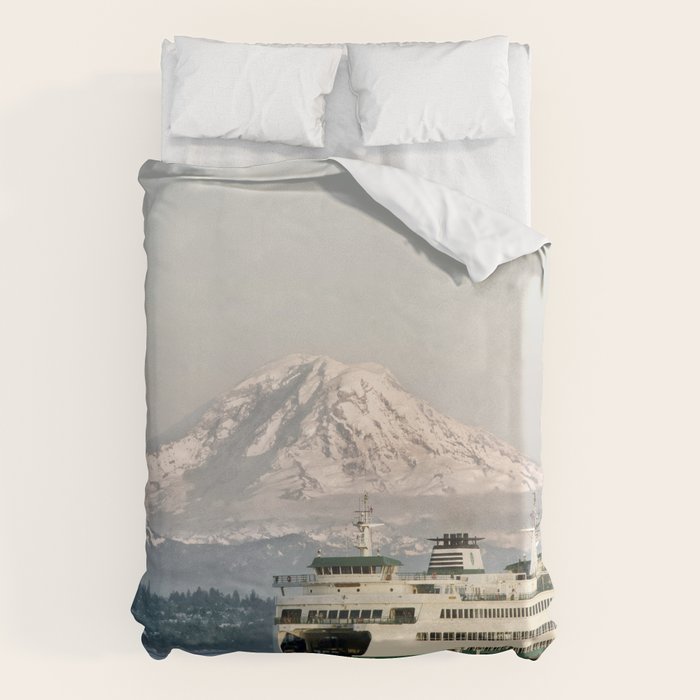 Seattle Bainbridge Island Ferry with Mount Rainier Duvet Cover