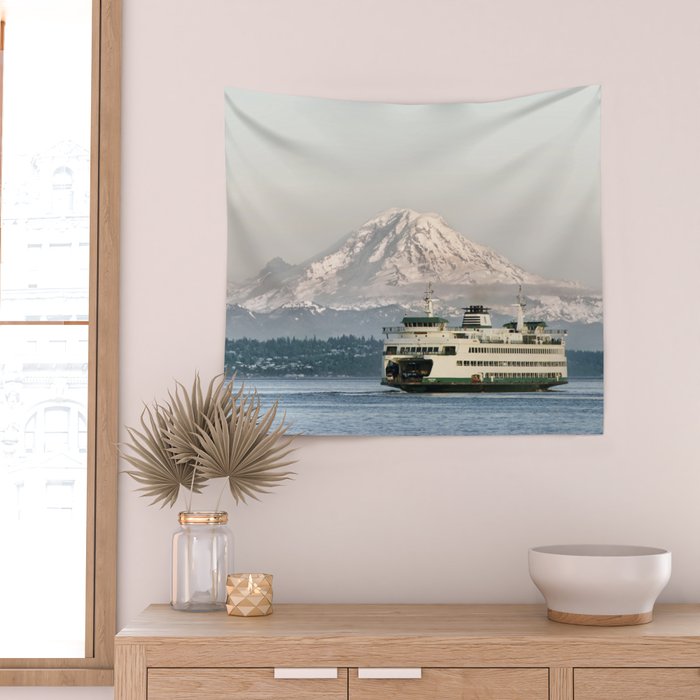 Seattle Bainbridge Island Ferry with Mount Rainier Wall Tapestry Gallery Image 2