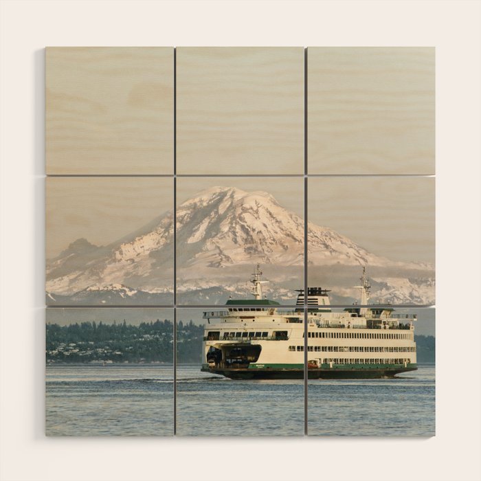 Seattle Bainbridge Island Ferry with Mount Rainier Wood Wall Art Gallery Image 1