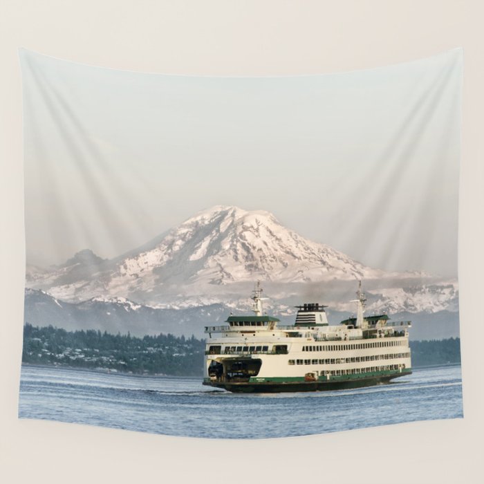 Seattle Bainbridge Island Ferry with Mount Rainier Wall Tapestry Gallery Image 4