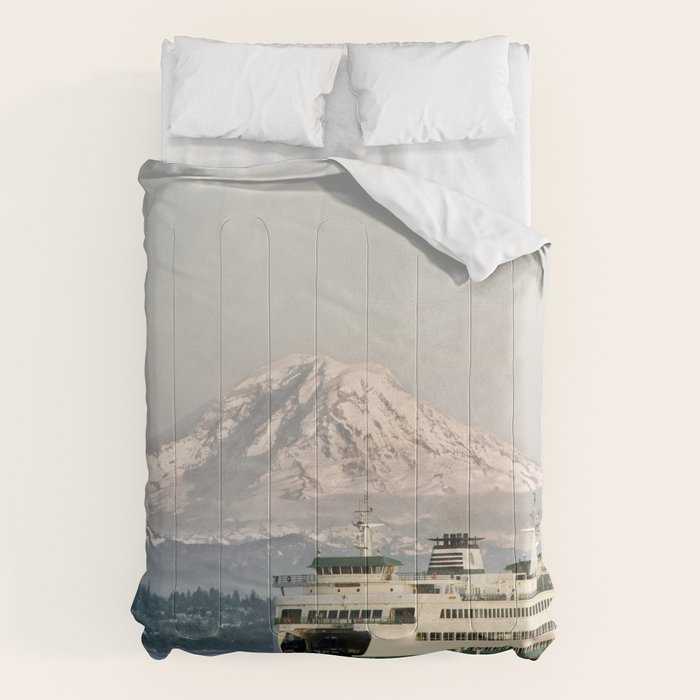 Seattle Bainbridge Island Ferry with Mount Rainier Comforter Gallery Image 1