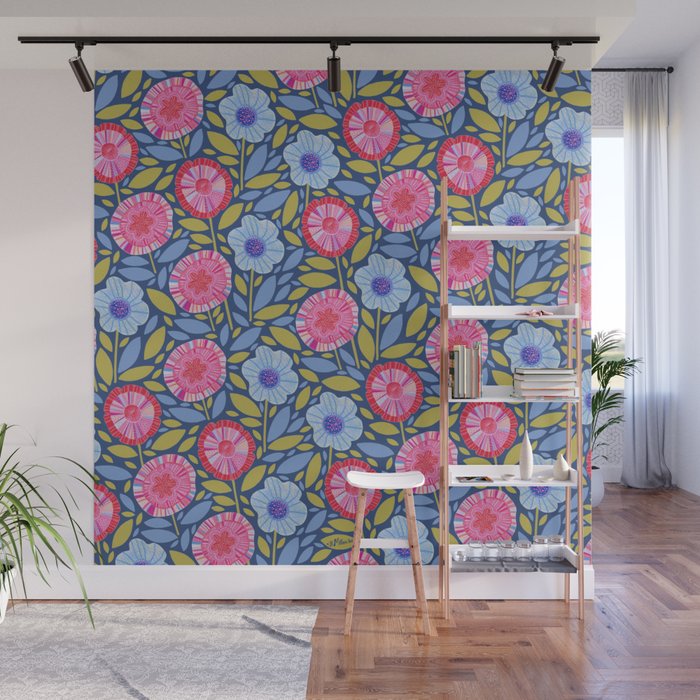 Folk Floral Blossoms in Eggplant Purple Wall Mural Gallery Image 1