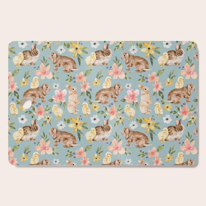 Blue Easter Bunny and Chick Floral Cutting Board Gallery Image 1