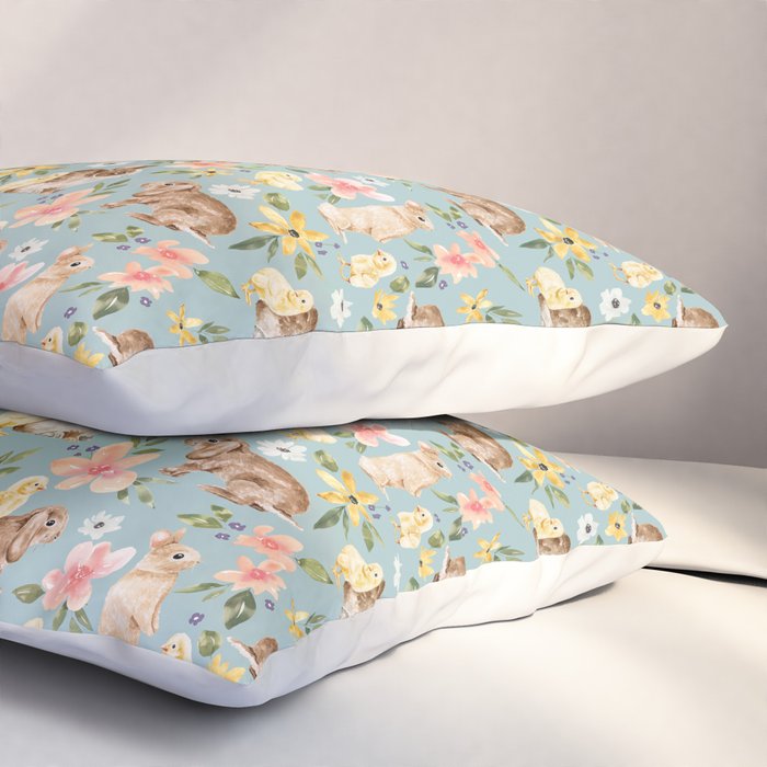 Blue Easter Bunny and Chick Floral Pillow Sham Gallery Image 3