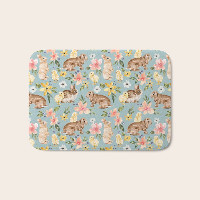 Blue Easter Bunny and Chick Floral Bath Mat Gallery Image 1
