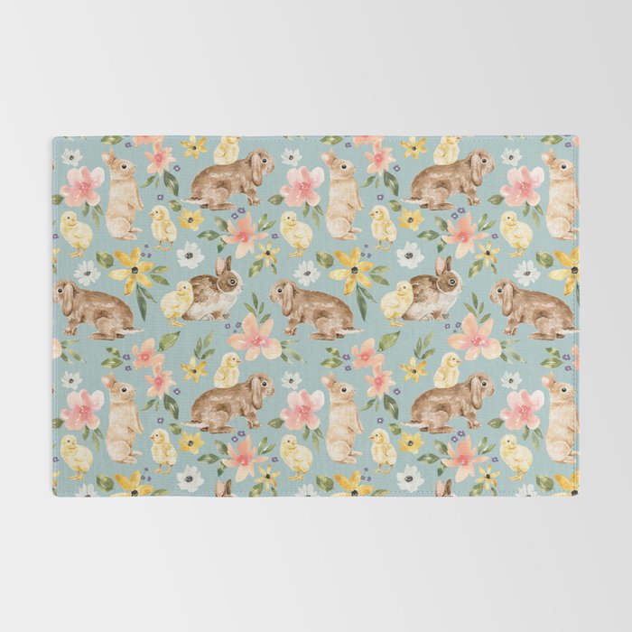 Blue Easter Bunny and Chick Floral Rug Gallery Image 2