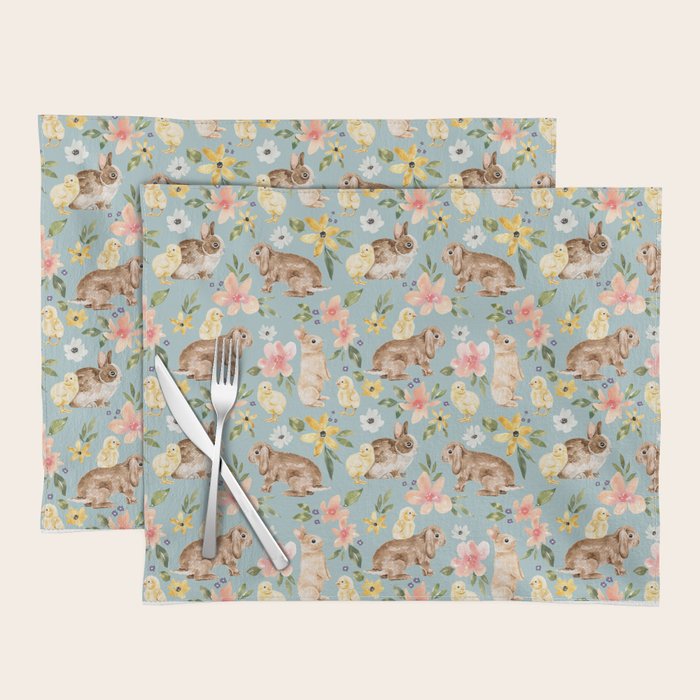 Blue Easter Bunny and Chick Floral Placemat Gallery Image 1