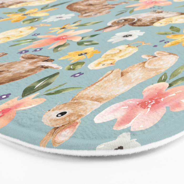 Blue Easter Bunny and Chick Floral Bath Mat Gallery Image 3