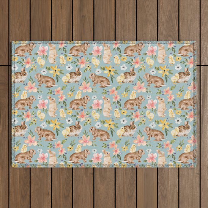 Blue Easter Bunny and Chick Floral Outdoor Rug Gallery Image 1
