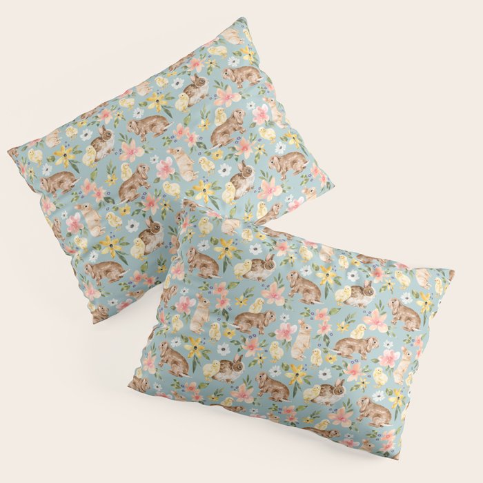Blue Easter Bunny and Chick Floral Pillow Sham Gallery Image 1