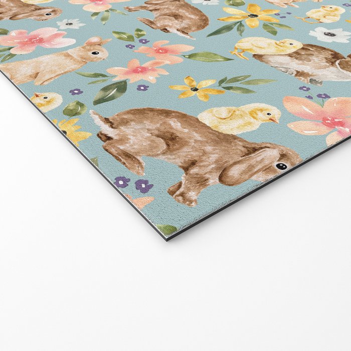 Blue Easter Bunny and Chick Floral Welcome Mat Gallery Image 2