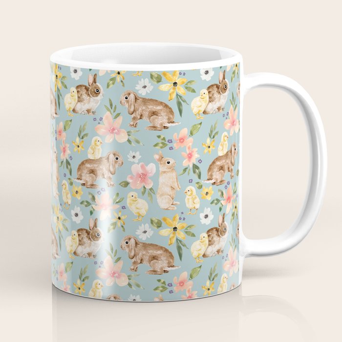 Blue Easter Bunny and Chick Floral Coffee Mug Gallery Image 1