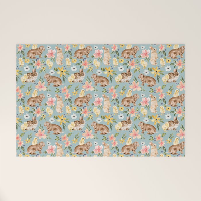 Blue Easter Bunny and Chick Floral Welcome Mat Gallery Image 1