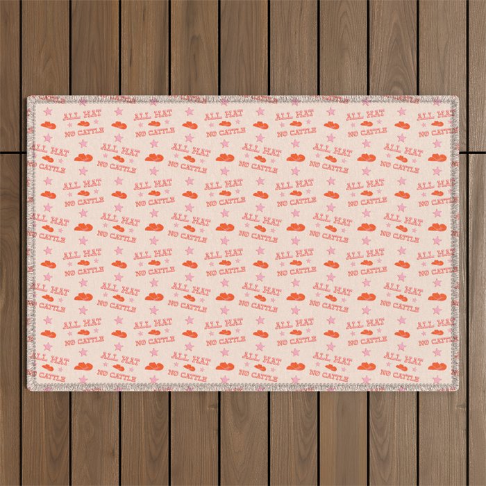"All hat no cattle" in pink and orange retro western letters Outdoor Rug Gallery Image 1