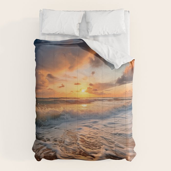 California Dreamin Coastal Photorealistic Digital Artwork - Sunset Waves on the Beach Comforter Gallery Image 6