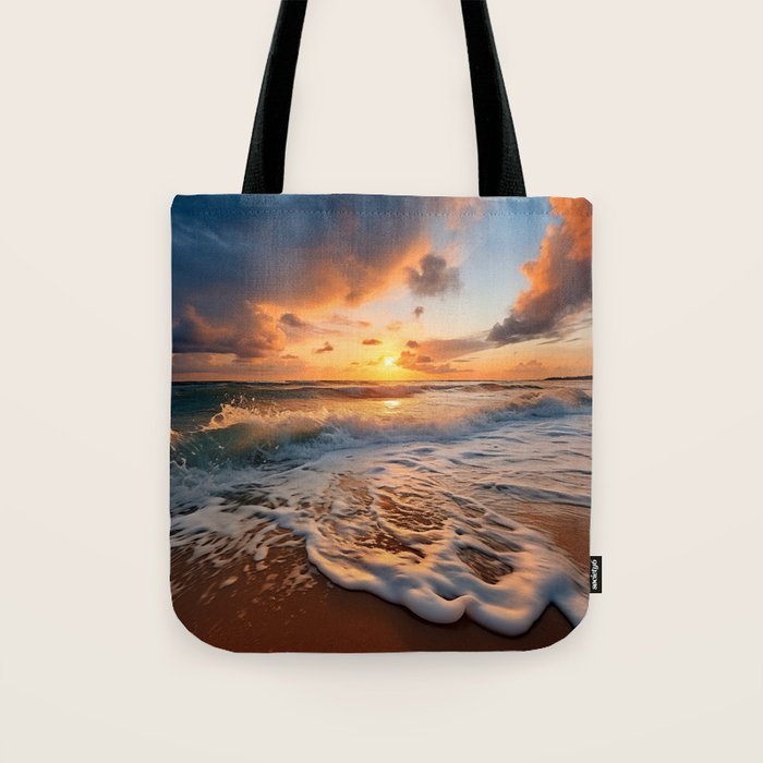 California Dreamin Coastal Photorealistic Digital Artwork - Sunset Waves on the Beach Tote Bag Gallery Image 1