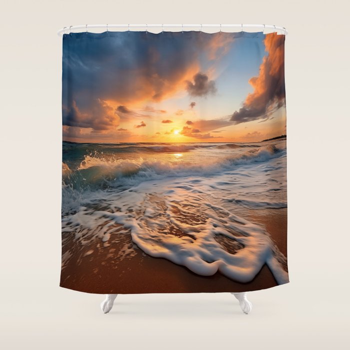 California Dreamin Coastal Photorealistic Digital Artwork - Sunset Waves on the Beach Shower Curtain Gallery Image 1
