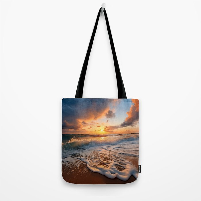 California Dreamin Coastal Photorealistic Digital Artwork - Sunset Waves on the Beach Tote Bag Gallery Image 2