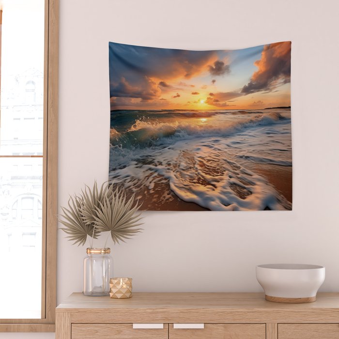 California Dreamin Coastal Photorealistic Digital Artwork - Sunset Waves on the Beach Wall Tapestry Gallery Image 2