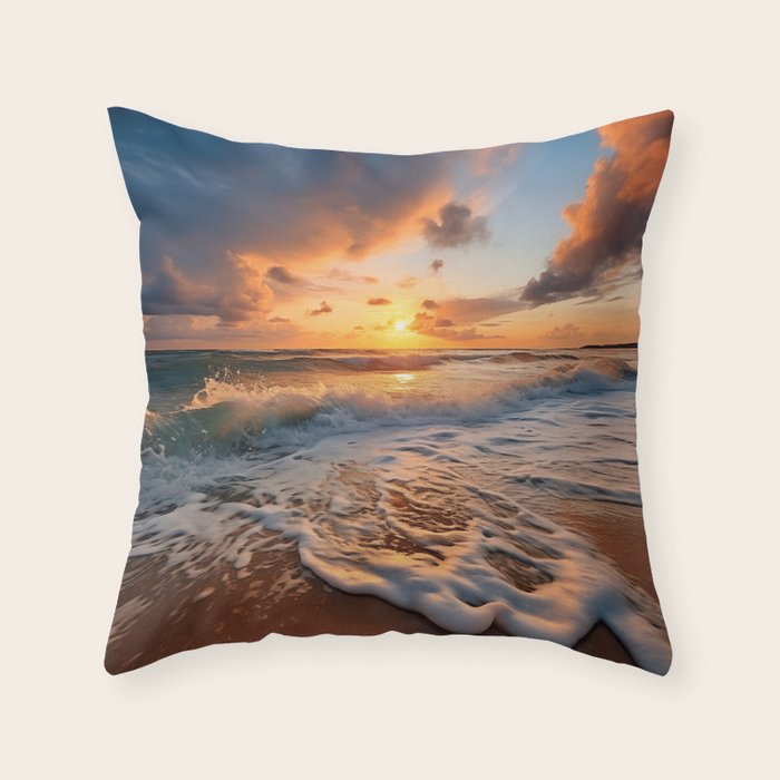 California Dreamin Coastal Photorealistic Digital Artwork - Sunset Waves on the Beach Throw Pillow Gallery Image 6