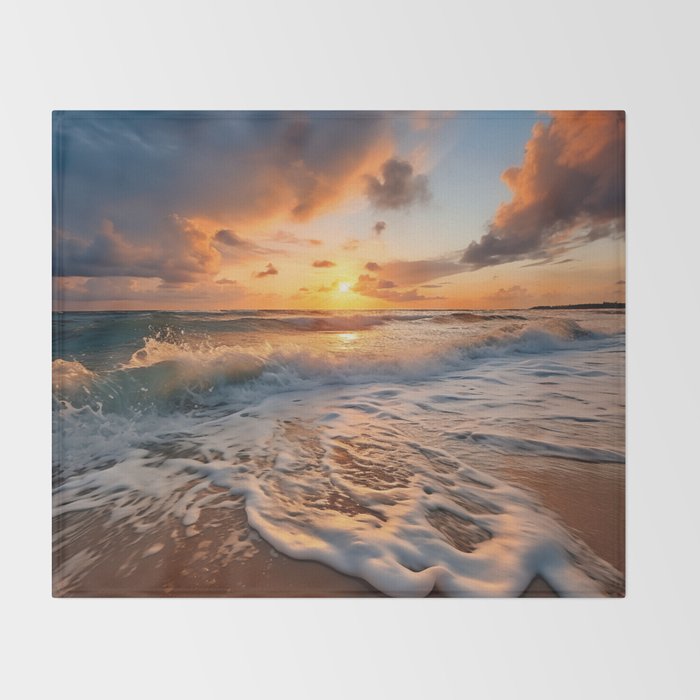 California Dreamin Coastal Photorealistic Digital Artwork - Sunset Waves on the Beach Throw Blanket Gallery Image 2