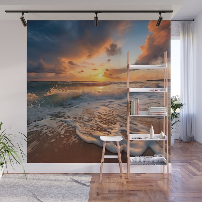 California Dreamin Coastal Photorealistic Digital Artwork - Sunset Waves on the Beach Wall Mural Gallery Image 1
