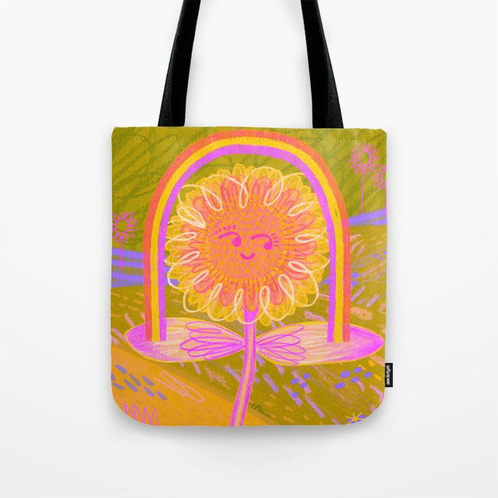 Retro Sunflower & Rainbow in Green & Pink Tote Bag Gallery Image 1