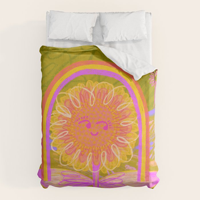 Retro Sunflower & Rainbow in Green & Pink Duvet Cover Gallery Image 6