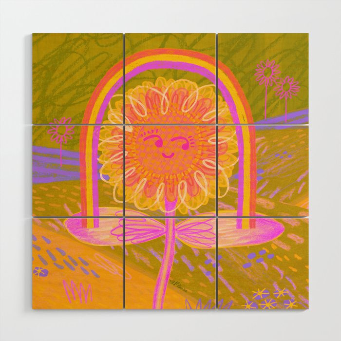 Retro Sunflower & Rainbow in Green & Pink Wood Wall Art Gallery Image 1