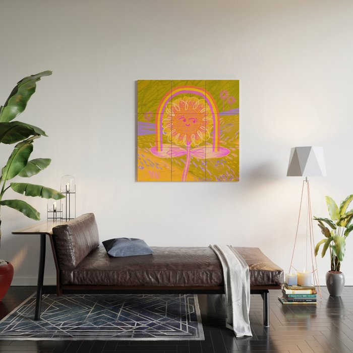 Retro Sunflower & Rainbow in Green & Pink Wood Wall Art Gallery Image 2
