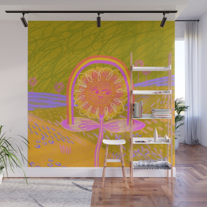 Retro Sunflower & Rainbow in Green & Pink Wall Mural Gallery Image 1