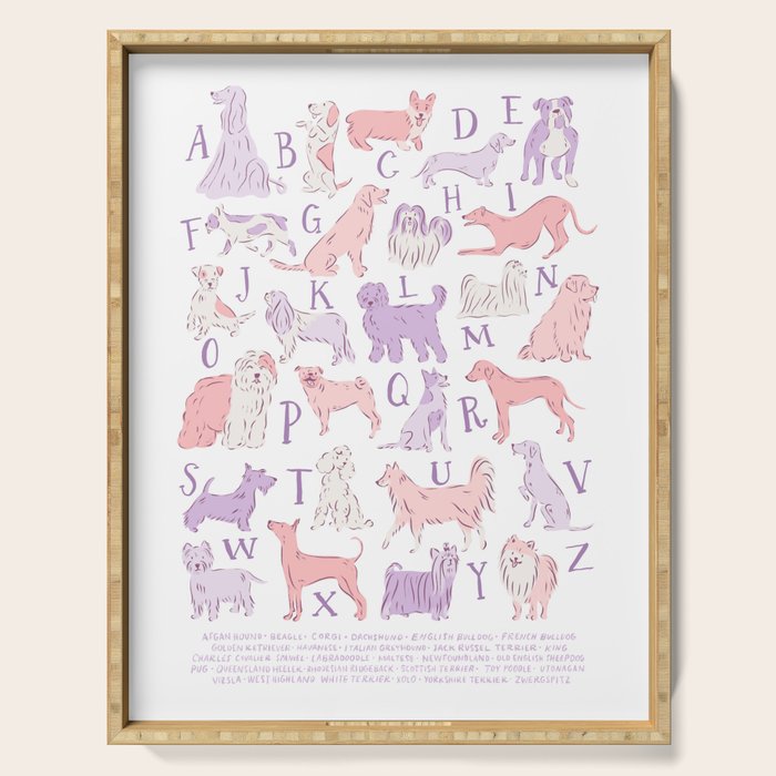 Dogs ABC Alphabet Print for Kids Room in Pink and Purple Serving Tray Gallery Image 1