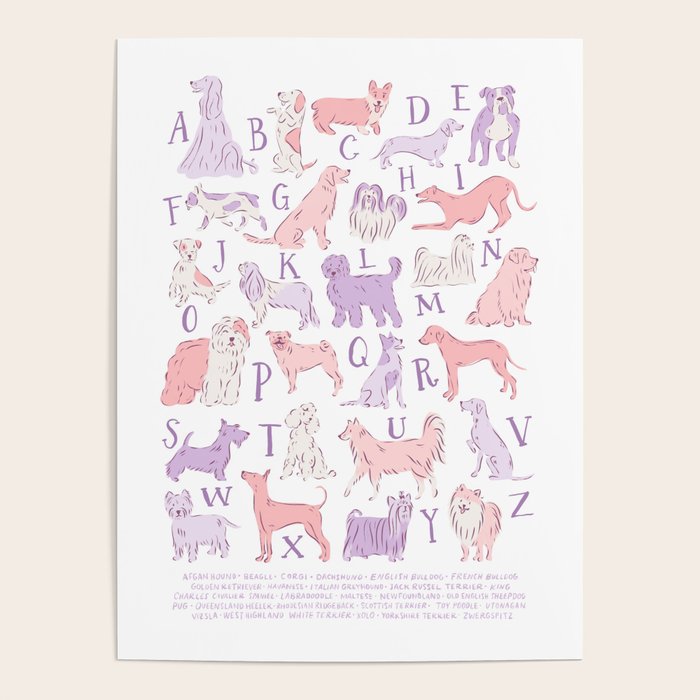Dogs ABC Alphabet Print for Kids Room in Pink and Purple Poster Gallery Image 4