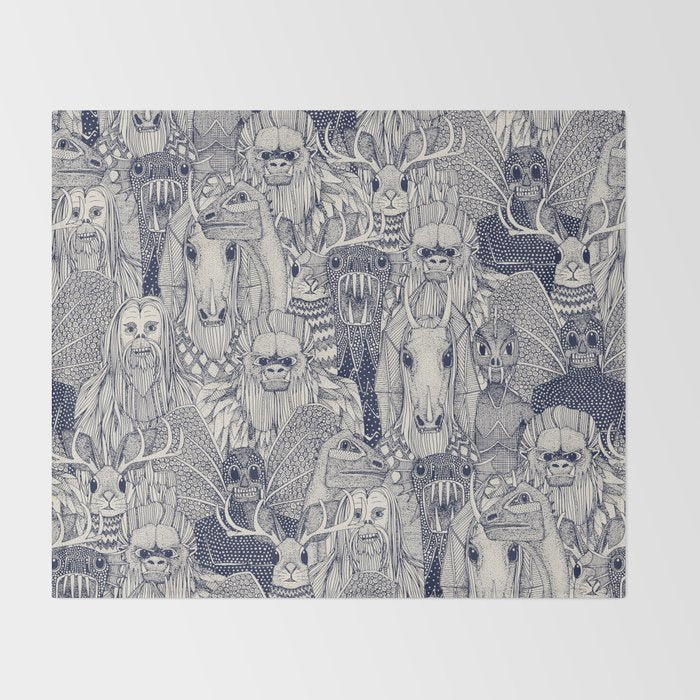 cryptid crowd blue off white Throw Blanket Gallery Image 2