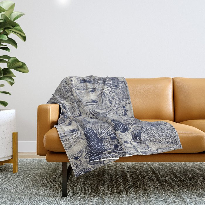 cryptid crowd blue off white Throw Blanket Gallery Image 1