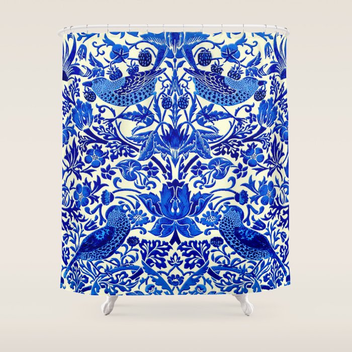 William Morris Vintage Strawberry Thief Cobalt Blue  Shower Curtain Gallery Image 1