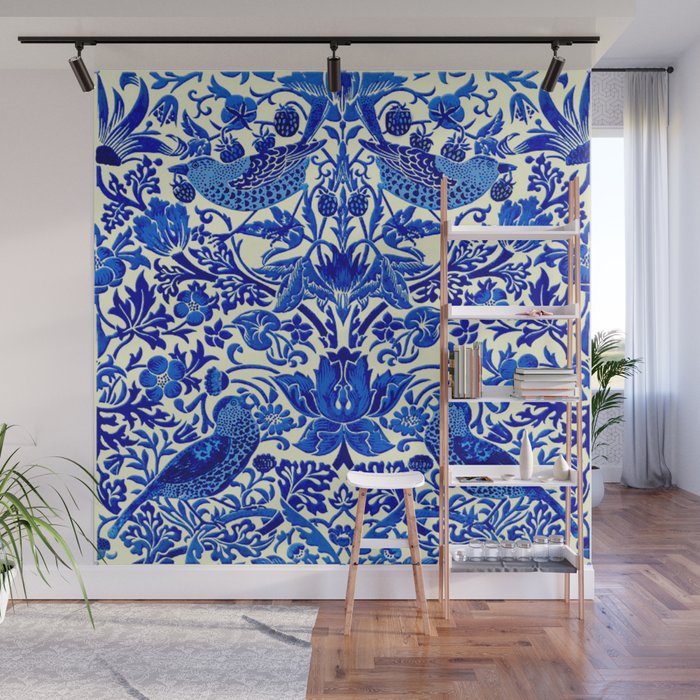 William Morris Vintage Strawberry Thief Cobalt Blue  Wall Mural Gallery Image 1