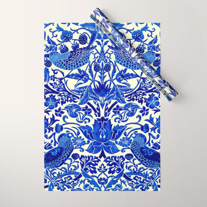 William Morris Vintage Strawberry Thief Cobalt Blue  Wrapping Paper Gallery Image 1