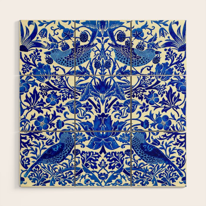 William Morris Vintage Strawberry Thief Cobalt Blue  Wood Wall Art Gallery Image 1