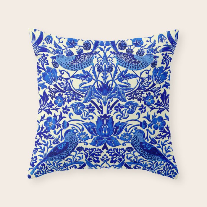William Morris Vintage Strawberry Thief Cobalt Blue  Throw Pillow Gallery Image 1