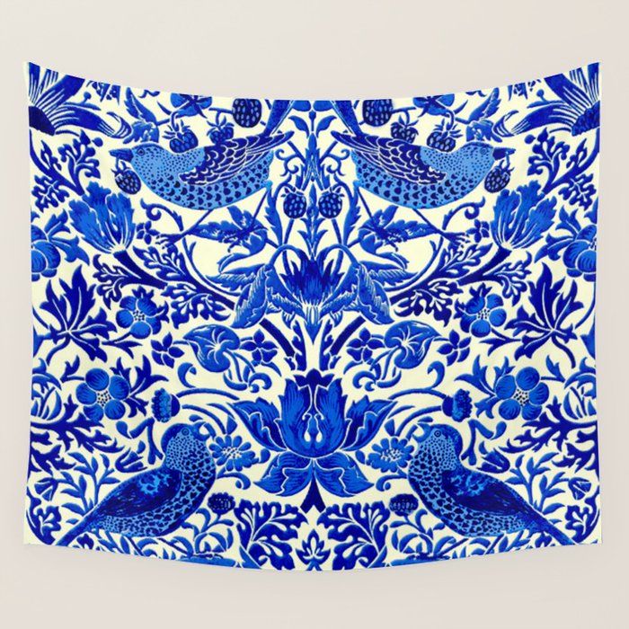 William Morris Vintage Strawberry Thief Cobalt Blue  Wall Tapestry Gallery Image 1