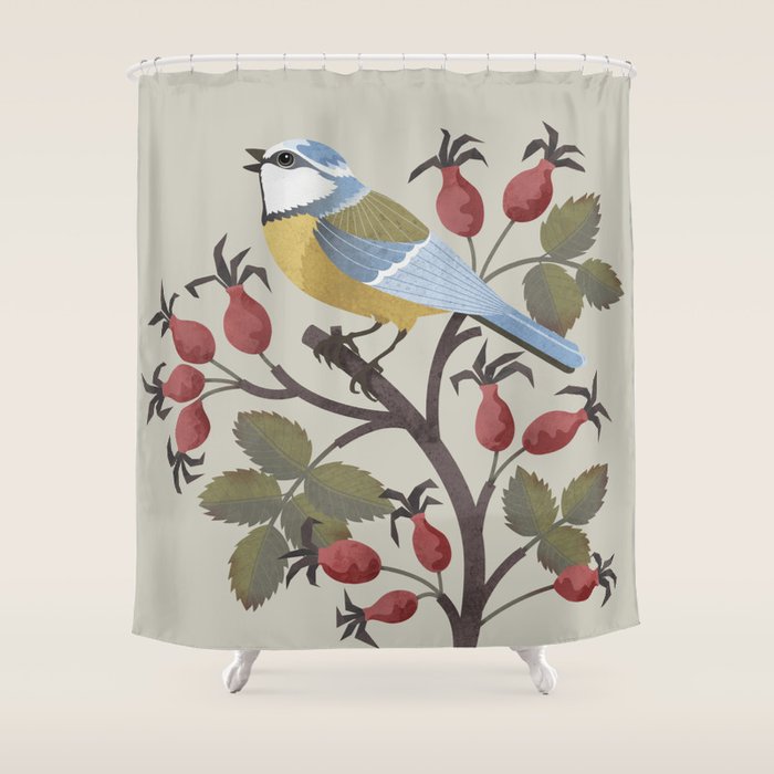 Blue Tit on Red Rose Hips Shower Curtain Gallery Image 1