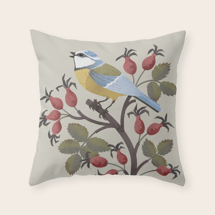 Blue Tit on Red Rose Hips Throw Pillow Gallery Image 6