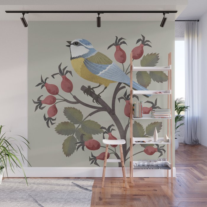 Blue Tit on Red Rose Hips Wall Mural Gallery Image 1