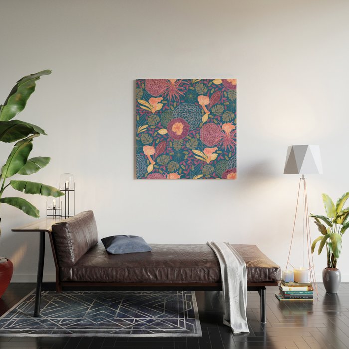 Forest Full of Wild Mushrooms in Navy Blue & Peach Wood Wall Art Gallery Image 2